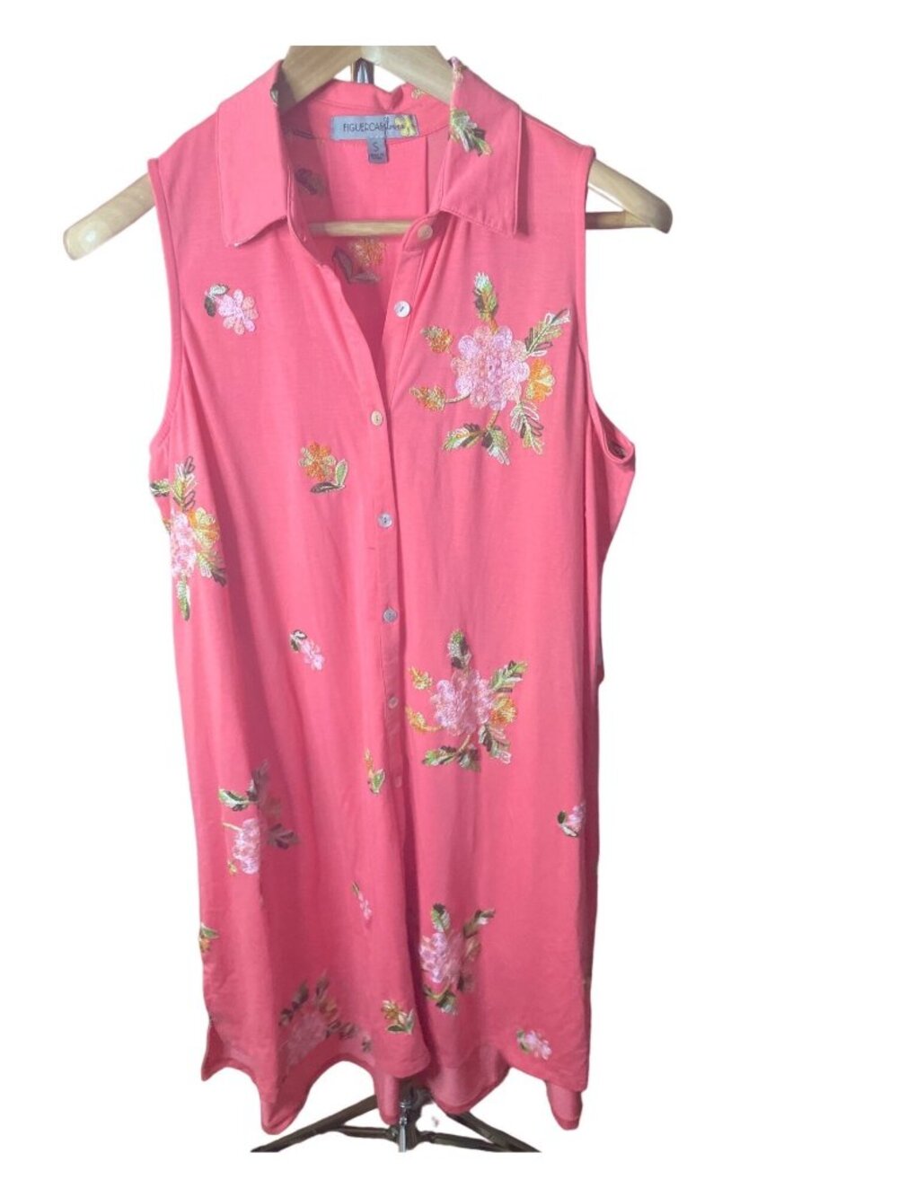 Figueroa & Flower Small Sleeveless Button Front Coral Floral Embroidered Dress